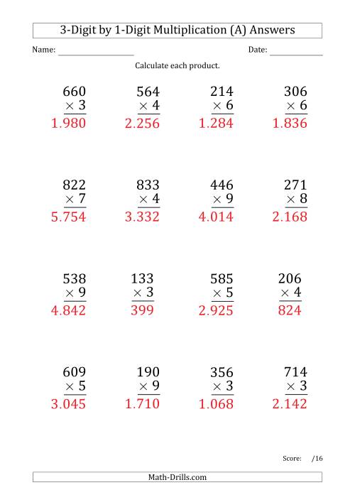 The Multiplying 3-Digit by 1-Digit Numbers (Large Print) with Period-Separated Thousands (All) Math Worksheet Page 2