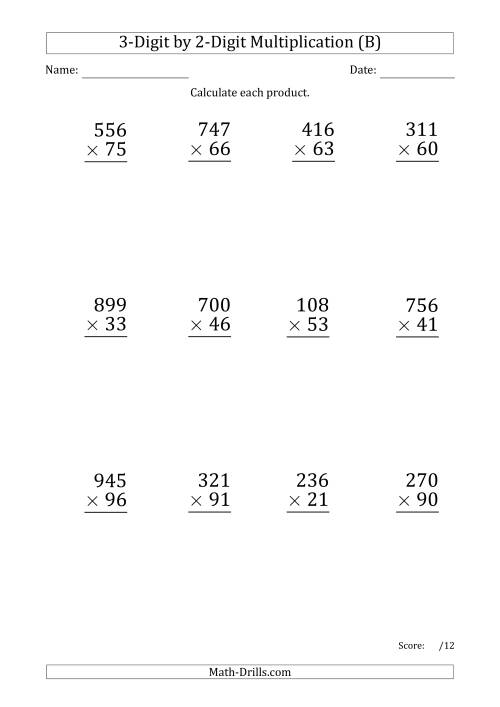 The Multiplying 3-Digit by 2-Digit Numbers (Large Print) with Period-Separated Thousands (B) Math Worksheet