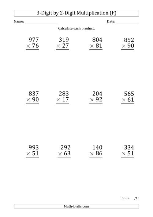 The Multiplying 3-Digit by 2-Digit Numbers (Large Print) with Period-Separated Thousands (F) Math Worksheet