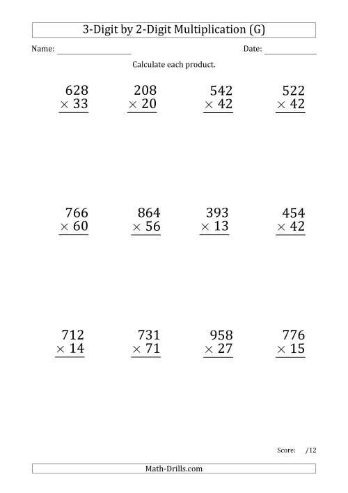 The Multiplying 3-Digit by 2-Digit Numbers (Large Print) with Period-Separated Thousands (G) Math Worksheet