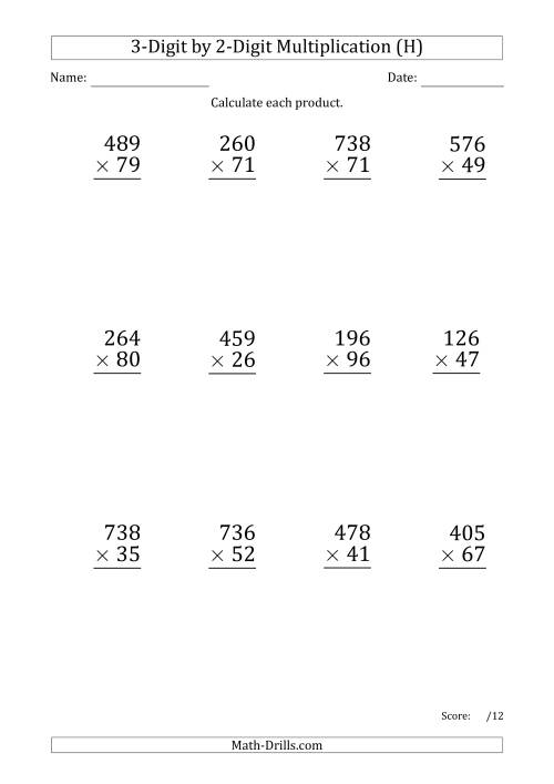 The Multiplying 3-Digit by 2-Digit Numbers (Large Print) with Period-Separated Thousands (H) Math Worksheet