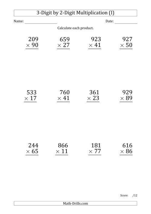 The Multiplying 3-Digit by 2-Digit Numbers (Large Print) with Period-Separated Thousands (I) Math Worksheet