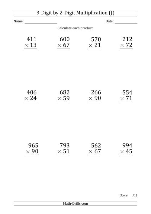 The Multiplying 3-Digit by 2-Digit Numbers (Large Print) with Period-Separated Thousands (J) Math Worksheet