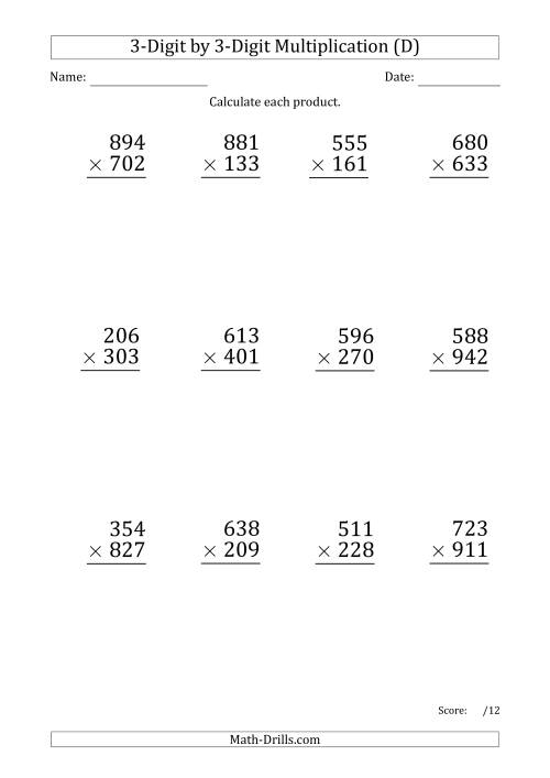 The Multiplying 3-Digit by 3-Digit Numbers (Large Print) with Period-Separated Thousands (D) Math Worksheet
