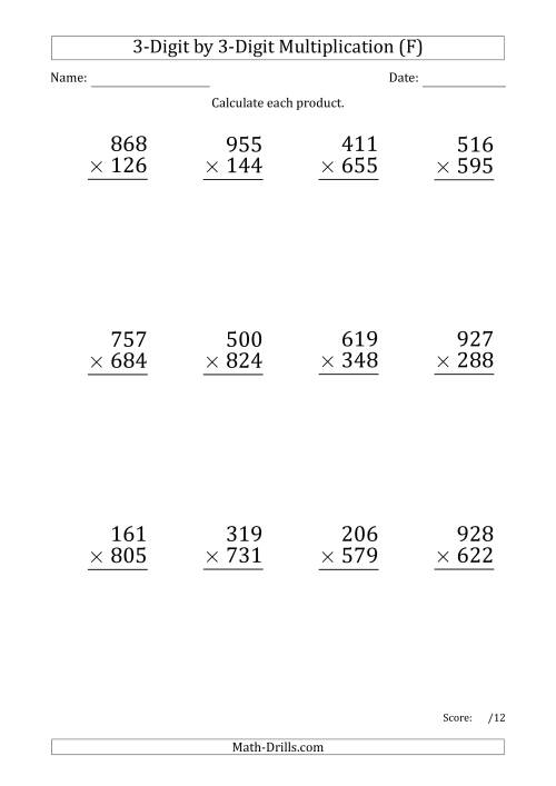 The Multiplying 3-Digit by 3-Digit Numbers (Large Print) with Period-Separated Thousands (F) Math Worksheet