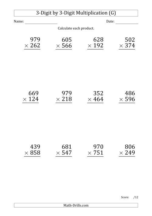 The Multiplying 3-Digit by 3-Digit Numbers (Large Print) with Period-Separated Thousands (G) Math Worksheet