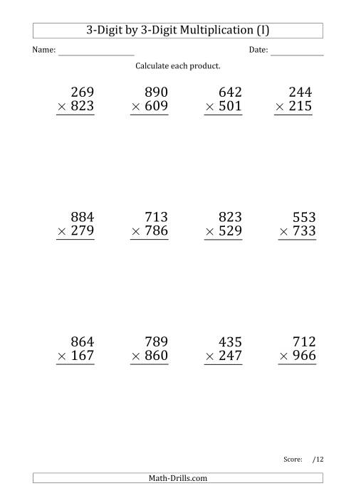 The Multiplying 3-Digit by 3-Digit Numbers (Large Print) with Period-Separated Thousands (I) Math Worksheet