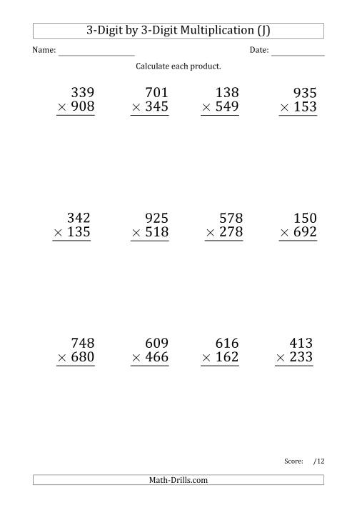 The Multiplying 3-Digit by 3-Digit Numbers (Large Print) with Period-Separated Thousands (J) Math Worksheet