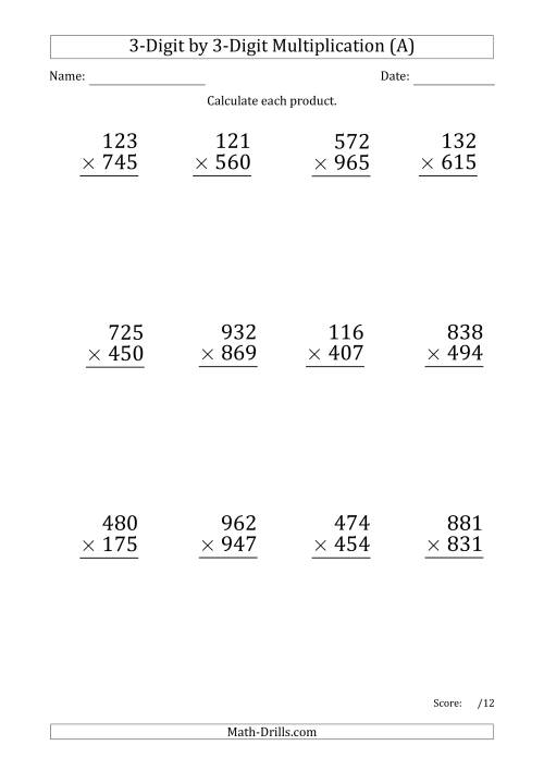 The Multiplying 3-Digit by 3-Digit Numbers (Large Print) with Period-Separated Thousands (All) Math Worksheet