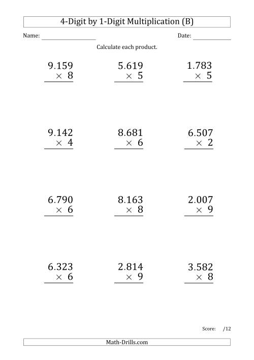 The Multiplying 4-Digit by 1-Digit Numbers (Large Print) with Period-Separated Thousands (B) Math Worksheet