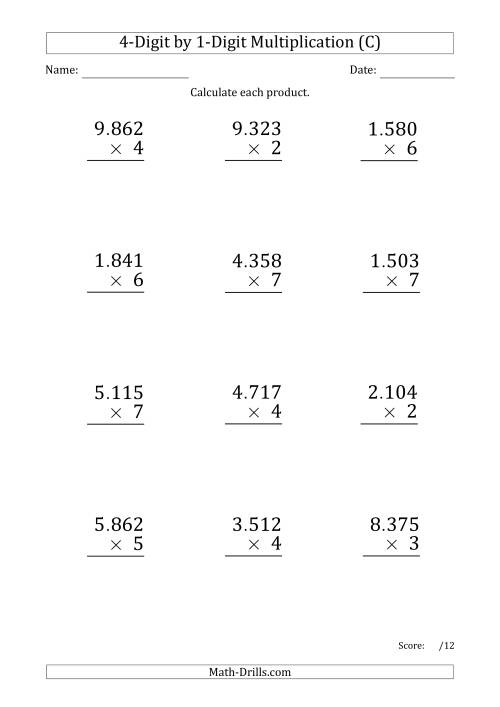 The Multiplying 4-Digit by 1-Digit Numbers (Large Print) with Period-Separated Thousands (C) Math Worksheet