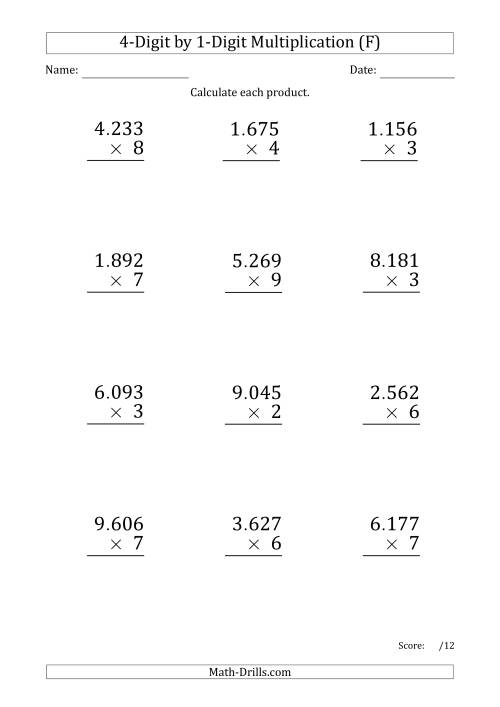 The Multiplying 4-Digit by 1-Digit Numbers (Large Print) with Period-Separated Thousands (F) Math Worksheet
