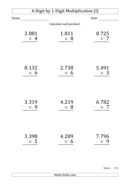 The Multiplying 4-Digit by 1-Digit Numbers (Large Print) with Period-Separated Thousands (I) Math Worksheet