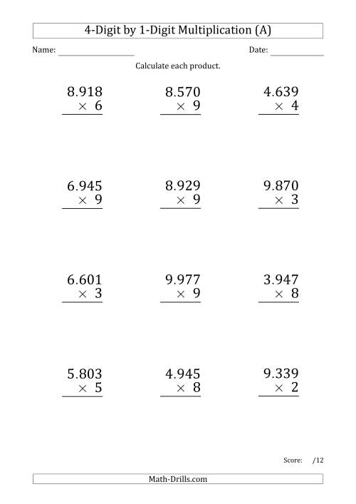 The Multiplying 4-Digit by 1-Digit Numbers (Large Print) with Period-Separated Thousands (All) Math Worksheet