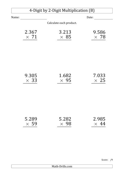 The Multiplying 4-Digit by 2-Digit Numbers (Large Print) with Period-Separated Thousands (B) Math Worksheet
