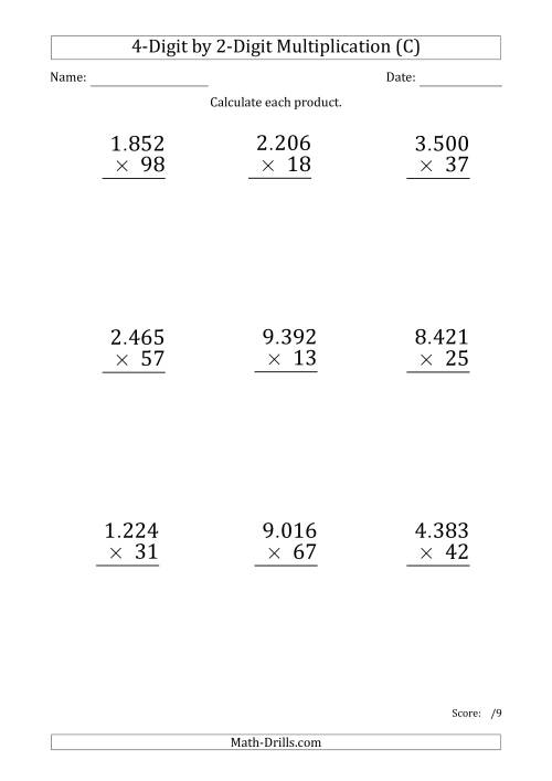 The Multiplying 4-Digit by 2-Digit Numbers (Large Print) with Period-Separated Thousands (C) Math Worksheet