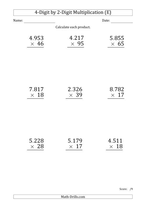 The Multiplying 4-Digit by 2-Digit Numbers (Large Print) with Period-Separated Thousands (E) Math Worksheet