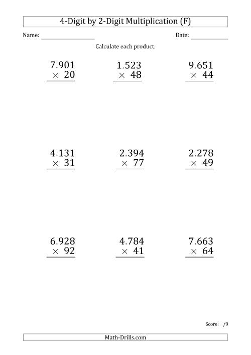 The Multiplying 4-Digit by 2-Digit Numbers (Large Print) with Period-Separated Thousands (F) Math Worksheet
