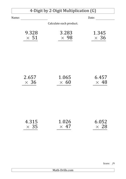 The Multiplying 4-Digit by 2-Digit Numbers (Large Print) with Period-Separated Thousands (G) Math Worksheet