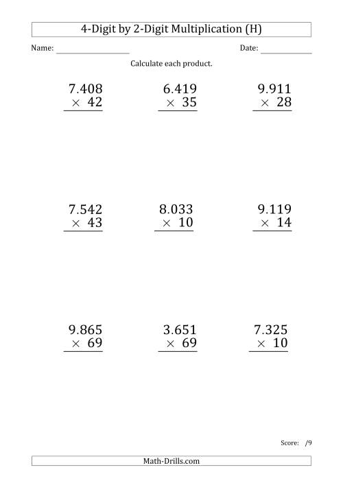 The Multiplying 4-Digit by 2-Digit Numbers (Large Print) with Period-Separated Thousands (H) Math Worksheet