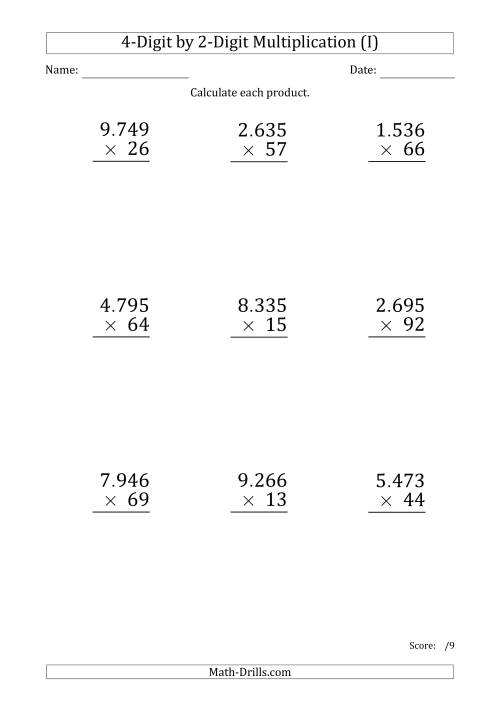 The Multiplying 4-Digit by 2-Digit Numbers (Large Print) with Period-Separated Thousands (I) Math Worksheet