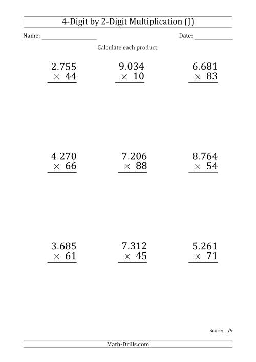 The Multiplying 4-Digit by 2-Digit Numbers (Large Print) with Period-Separated Thousands (J) Math Worksheet