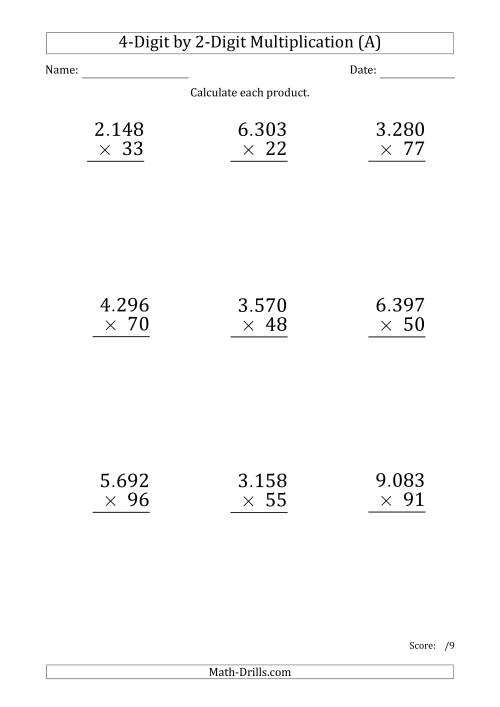 The Multiplying 4-Digit by 2-Digit Numbers (Large Print) with Period-Separated Thousands (All) Math Worksheet