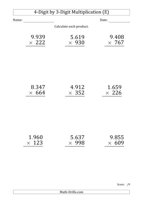 The Multiplying 4-Digit by 3-Digit Numbers (Large Print) with Period-Separated Thousands (E) Math Worksheet