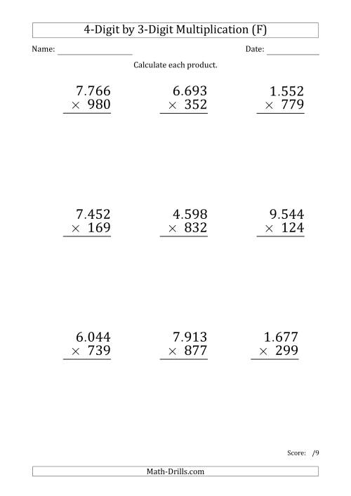 The Multiplying 4-Digit by 3-Digit Numbers (Large Print) with Period-Separated Thousands (F) Math Worksheet