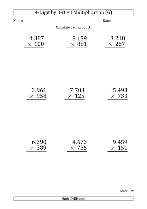 The Multiplying 4-Digit by 3-Digit Numbers (Large Print) with Period-Separated Thousands (G) Math Worksheet