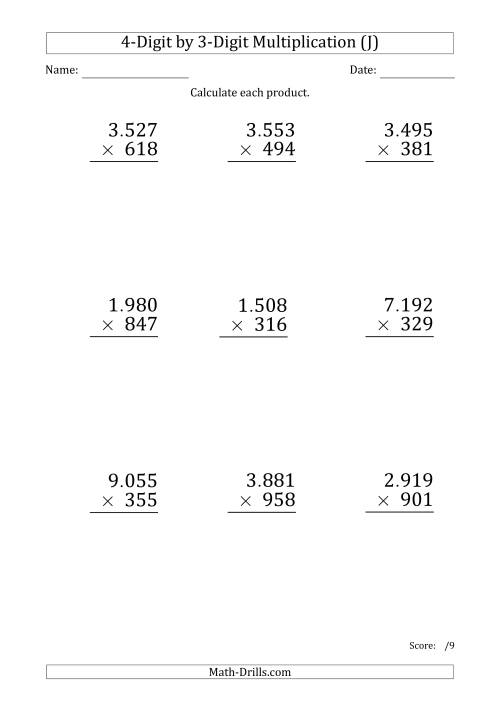The Multiplying 4-Digit by 3-Digit Numbers (Large Print) with Period-Separated Thousands (J) Math Worksheet