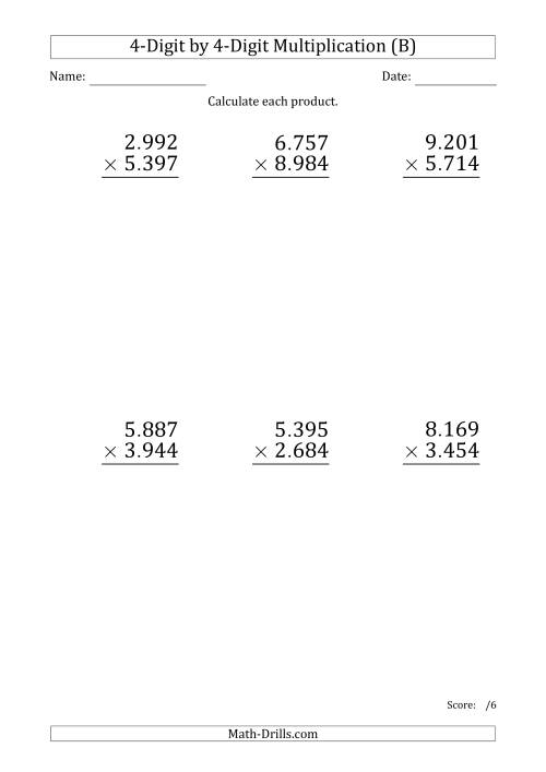 The Multiplying 4-Digit by 4-Digit Numbers (Large Print) with Period-Separated Thousands (B) Math Worksheet