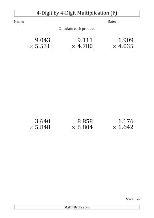 The Multiplying 4-Digit by 4-Digit Numbers (Large Print) with Period-Separated Thousands (F) Math Worksheet