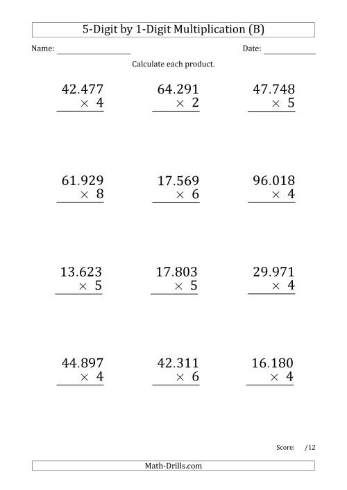The Multiplying 5-Digit by 1-Digit Numbers (Large Print) with Period-Separated Thousands (B) Math Worksheet