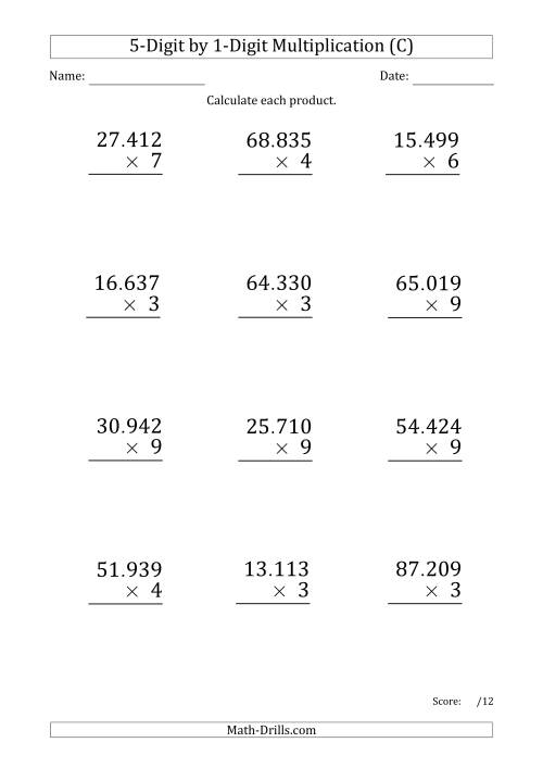 The Multiplying 5-Digit by 1-Digit Numbers (Large Print) with Period-Separated Thousands (C) Math Worksheet