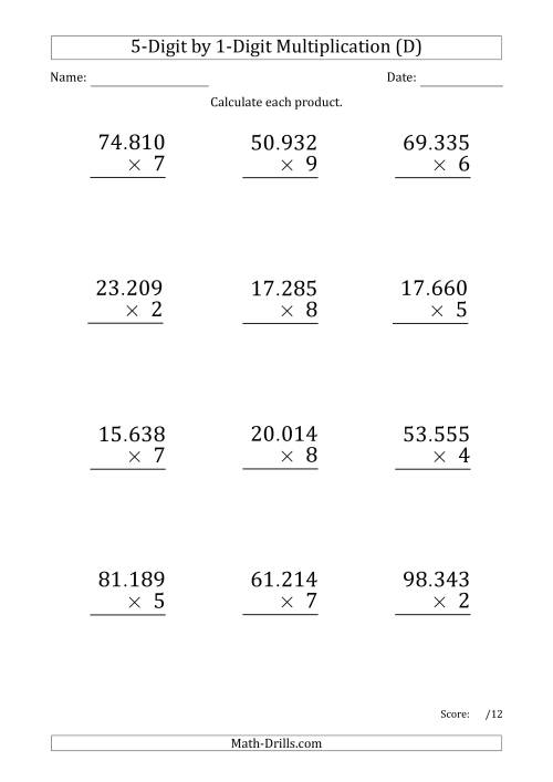 The Multiplying 5-Digit by 1-Digit Numbers (Large Print) with Period-Separated Thousands (D) Math Worksheet