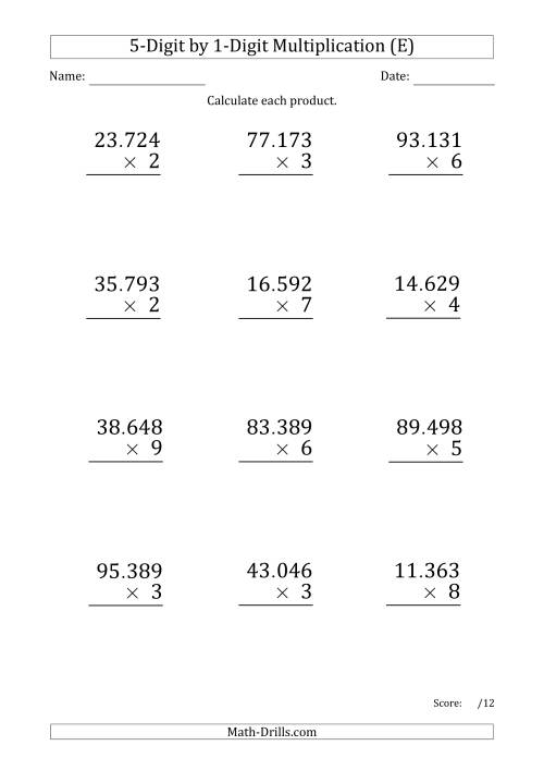 The Multiplying 5-Digit by 1-Digit Numbers (Large Print) with Period-Separated Thousands (E) Math Worksheet