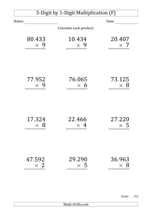 The Multiplying 5-Digit by 1-Digit Numbers (Large Print) with Period-Separated Thousands (F) Math Worksheet