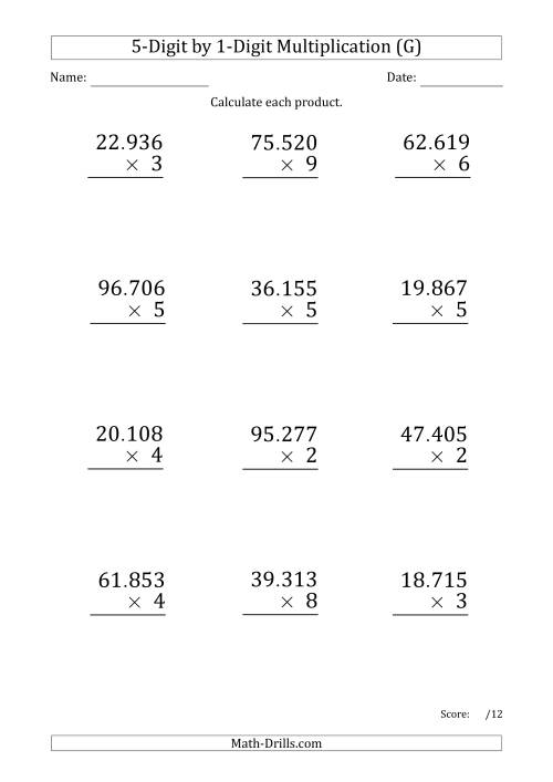 The Multiplying 5-Digit by 1-Digit Numbers (Large Print) with Period-Separated Thousands (G) Math Worksheet