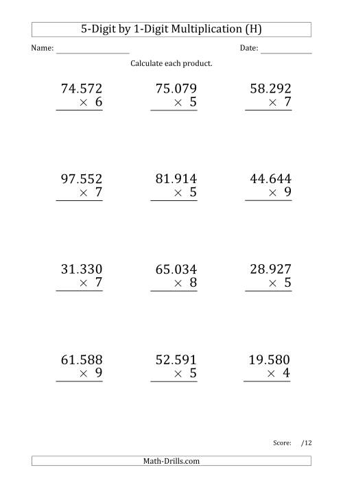 The Multiplying 5-Digit by 1-Digit Numbers (Large Print) with Period-Separated Thousands (H) Math Worksheet