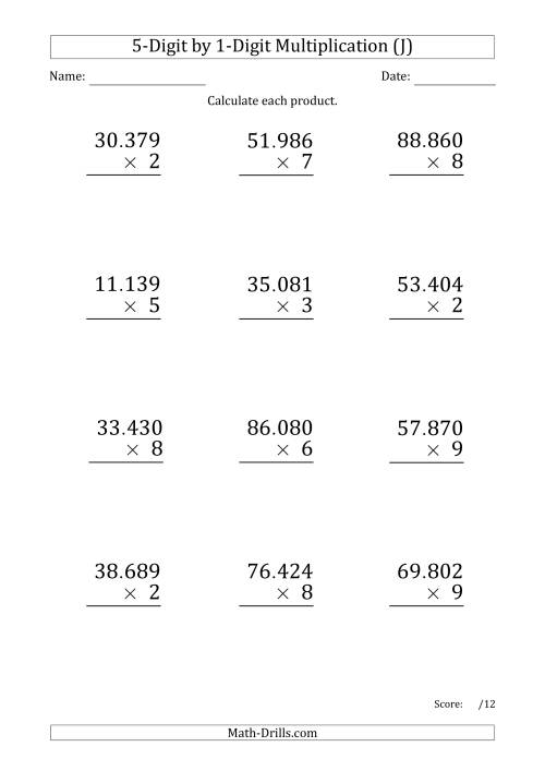 The Multiplying 5-Digit by 1-Digit Numbers (Large Print) with Period-Separated Thousands (J) Math Worksheet
