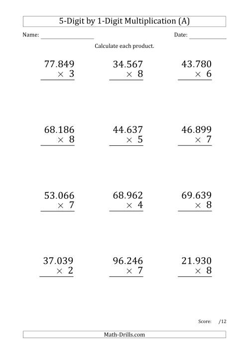 The Multiplying 5-Digit by 1-Digit Numbers (Large Print) with Period-Separated Thousands (All) Math Worksheet