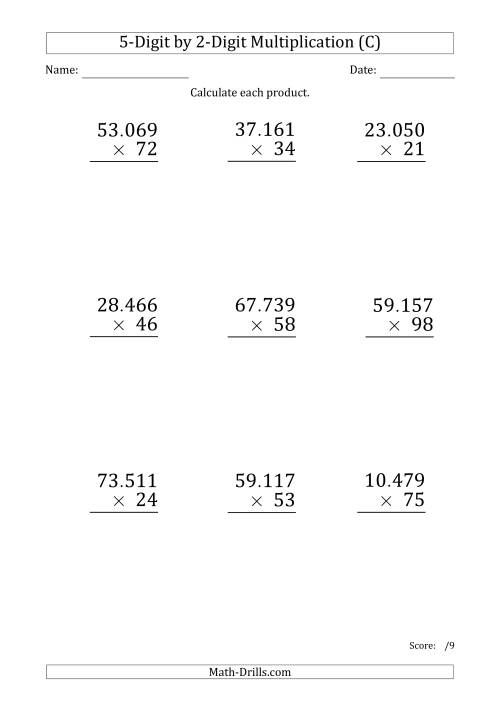The Multiplying 5-Digit by 2-Digit Numbers (Large Print) with Period-Separated Thousands (C) Math Worksheet