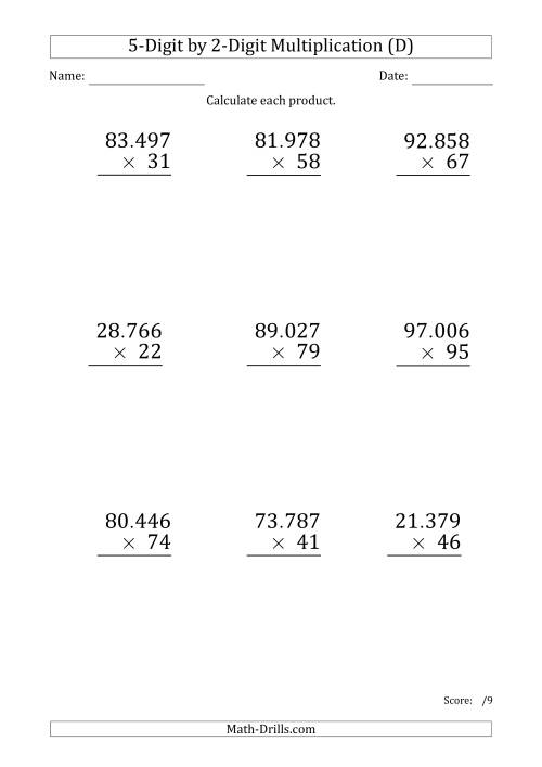 The Multiplying 5-Digit by 2-Digit Numbers (Large Print) with Period-Separated Thousands (D) Math Worksheet
