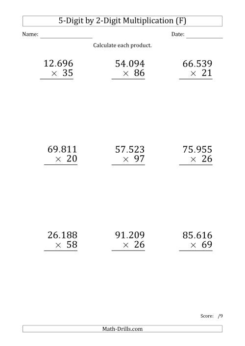 The Multiplying 5-Digit by 2-Digit Numbers (Large Print) with Period-Separated Thousands (F) Math Worksheet