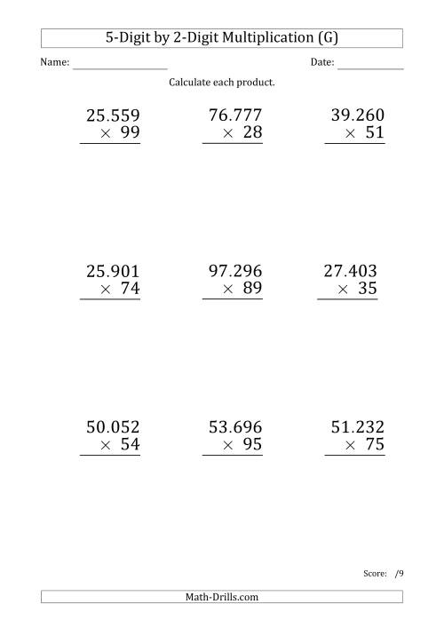 The Multiplying 5-Digit by 2-Digit Numbers (Large Print) with Period-Separated Thousands (G) Math Worksheet
