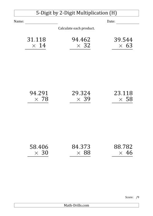 The Multiplying 5-Digit by 2-Digit Numbers (Large Print) with Period-Separated Thousands (H) Math Worksheet