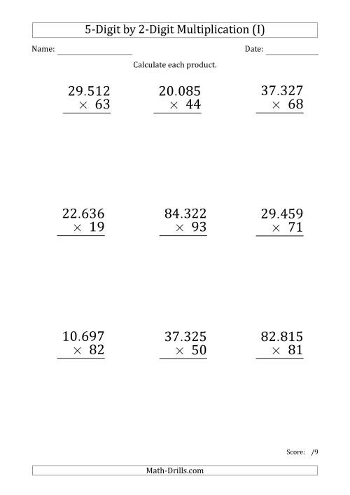 The Multiplying 5-Digit by 2-Digit Numbers (Large Print) with Period-Separated Thousands (I) Math Worksheet