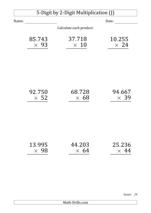The Multiplying 5-Digit by 2-Digit Numbers (Large Print) with Period-Separated Thousands (J) Math Worksheet