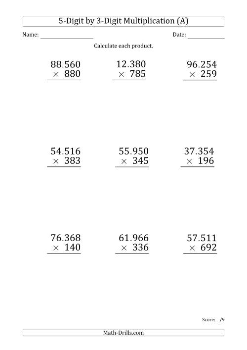 The Multiplying 5-Digit by 3-Digit Numbers (Large Print) with Period-Separated Thousands (A) Math Worksheet